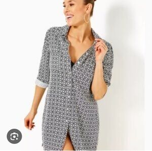 Lilly Pulitzer Seaview Button-Front Shirt Dress Cover Up in Black & White